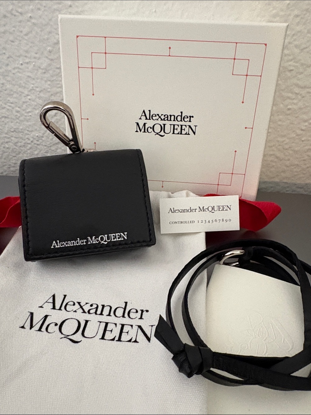 Alexander McQueen Black Leather Airpods Case with Silver Clip and Leather Strap